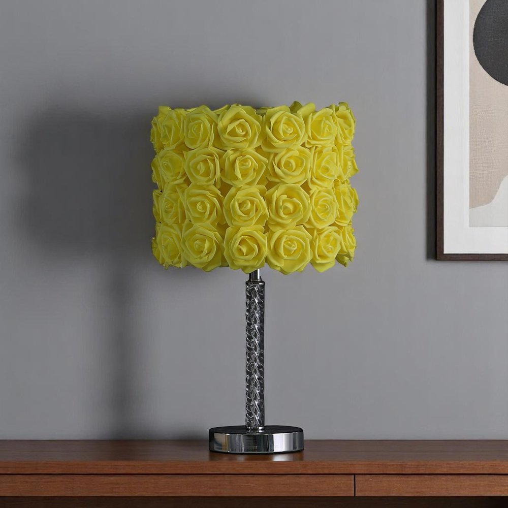 18" Silver Bedside Table Lamp With Yellow Flowers Drum Shade
