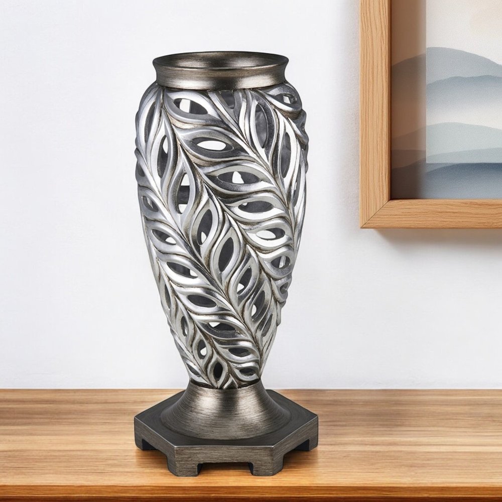 16" Gray and Silver Leaf Urn Polyresin Table Vase