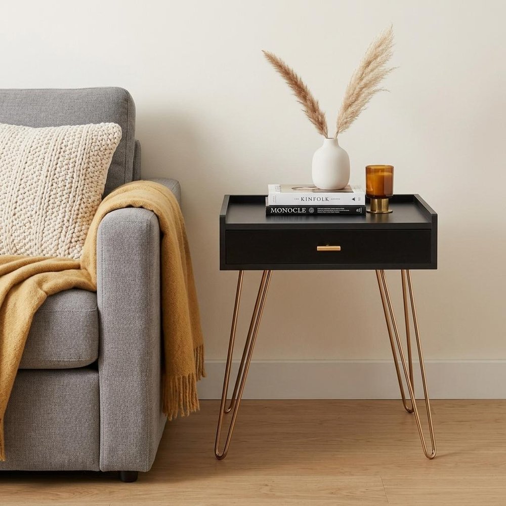 24" Gold And Black End Table With Drawer