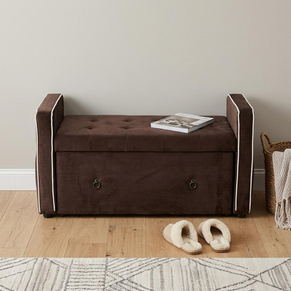 Brown Suede Shoe Storage Bench with Drawer