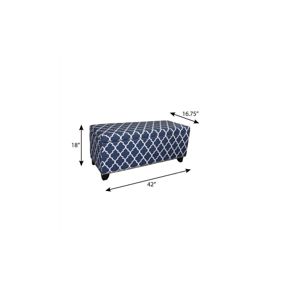 42" Blue and White and Dark Brown Upholstered Polyester Quatrefoil Bench with Flip top
