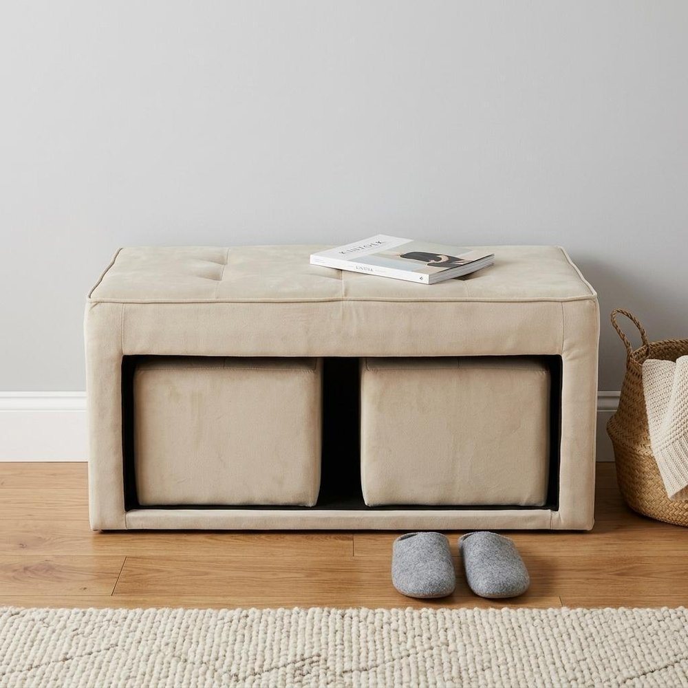 Beige Storage Bench and Ottoman Set