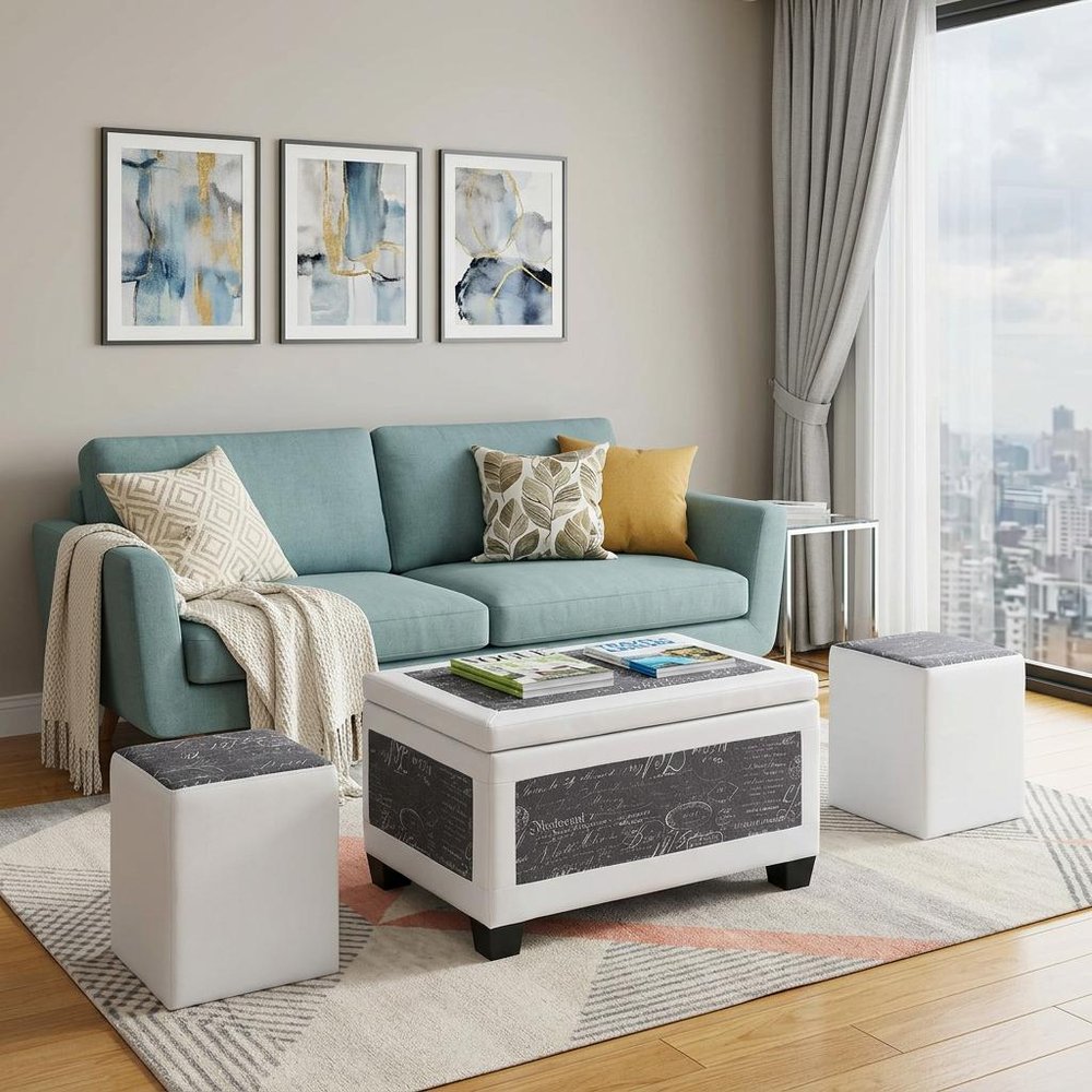 24" White and Black Upholstered Faux Leather Bench with Flip top