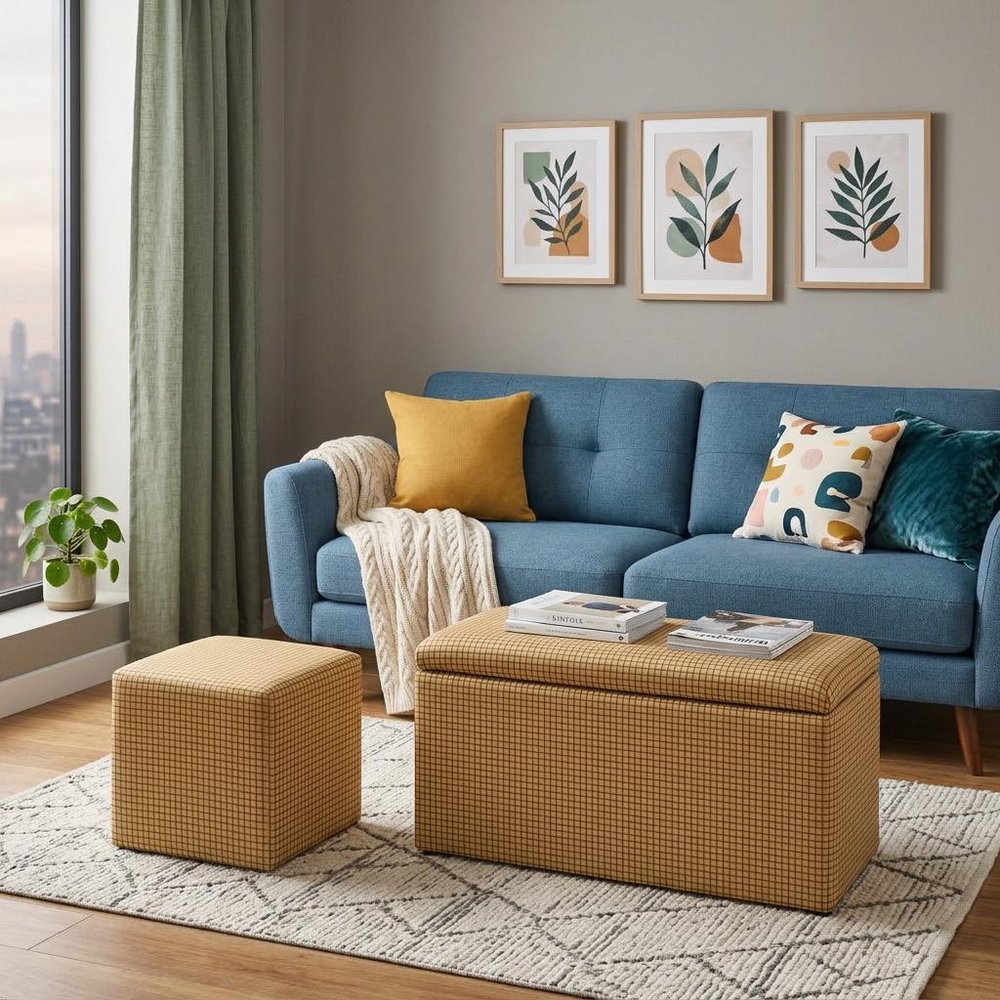 17" Yellow and Brown Upholstered Faux Leather Bench with Flip top