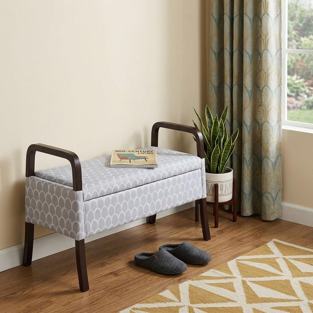 17" Black And Gray Upholstered 100% Polyester Trellis Entryway Bench With Flip Top