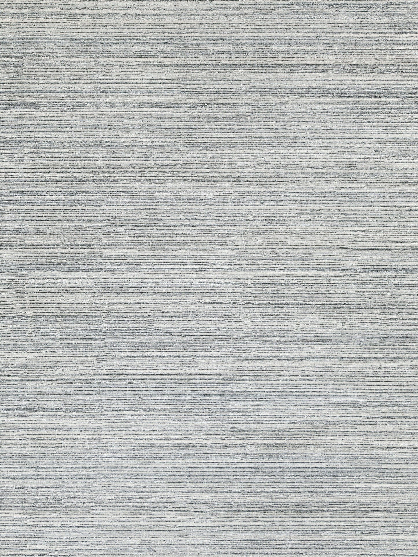 Gray-blue woven rug with subtle horizontal stripes and soft textured surface.