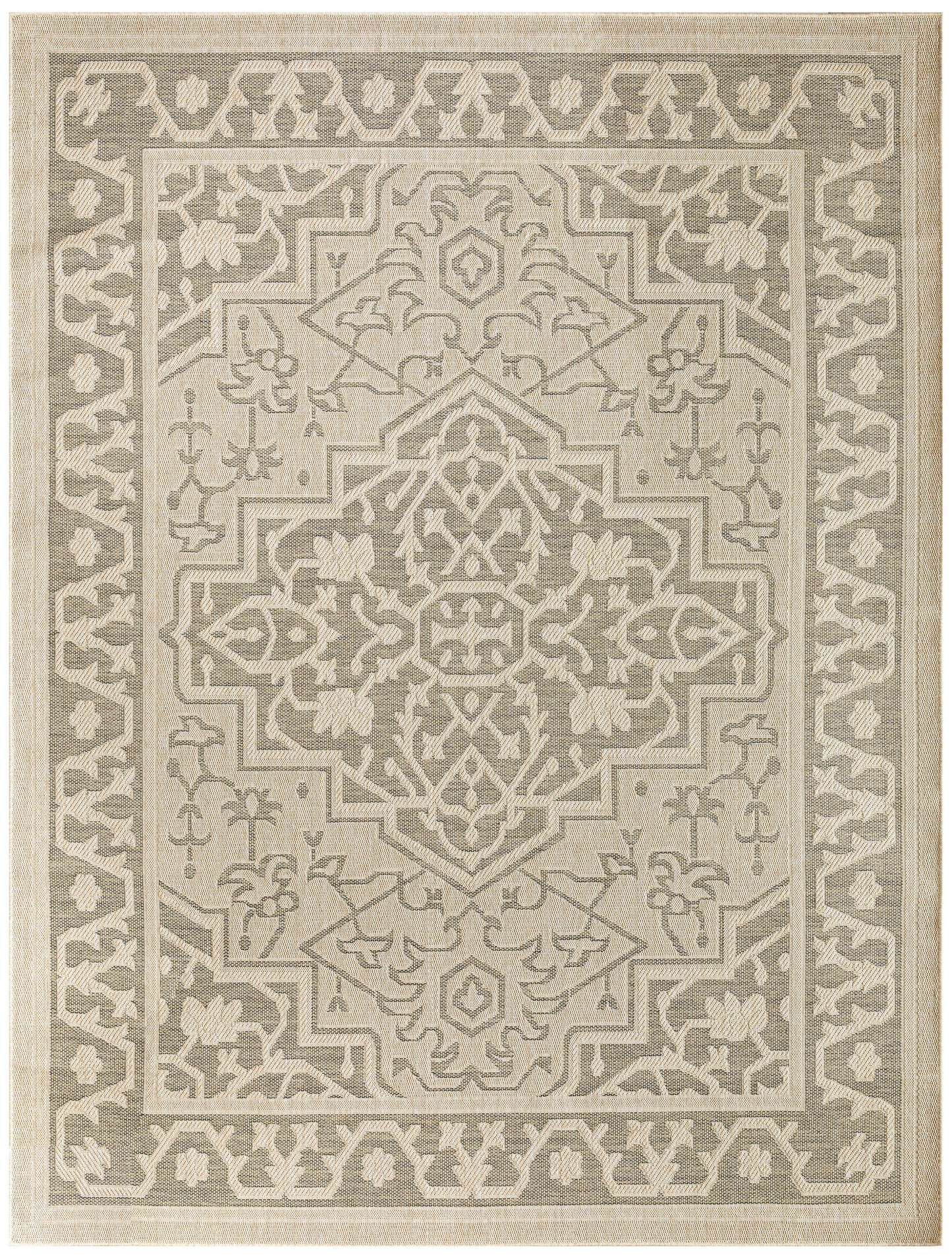 Neutral beige and taupe oriental rug with a central geometric medallion, floral motifs, and ornate multi-border design.