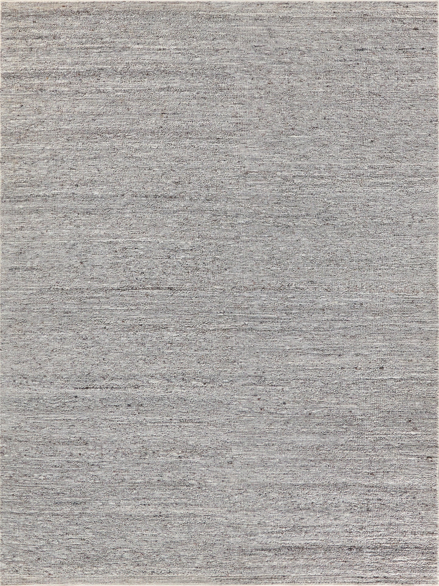 Gray flat-weave area rug with subtle horizontal texture and light variation; modern minimalist style.