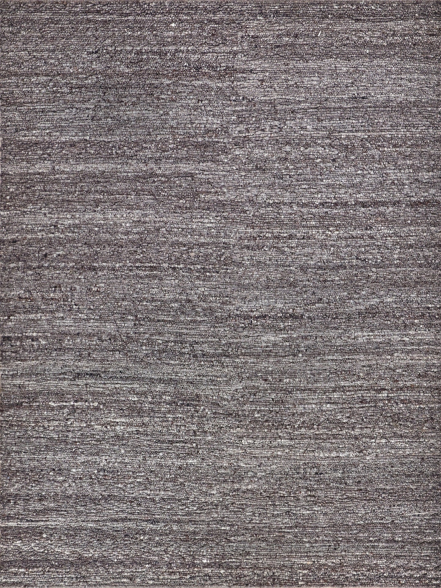Rectangular gray rug with a textured weave, subtle sheen, and a linear pattern.