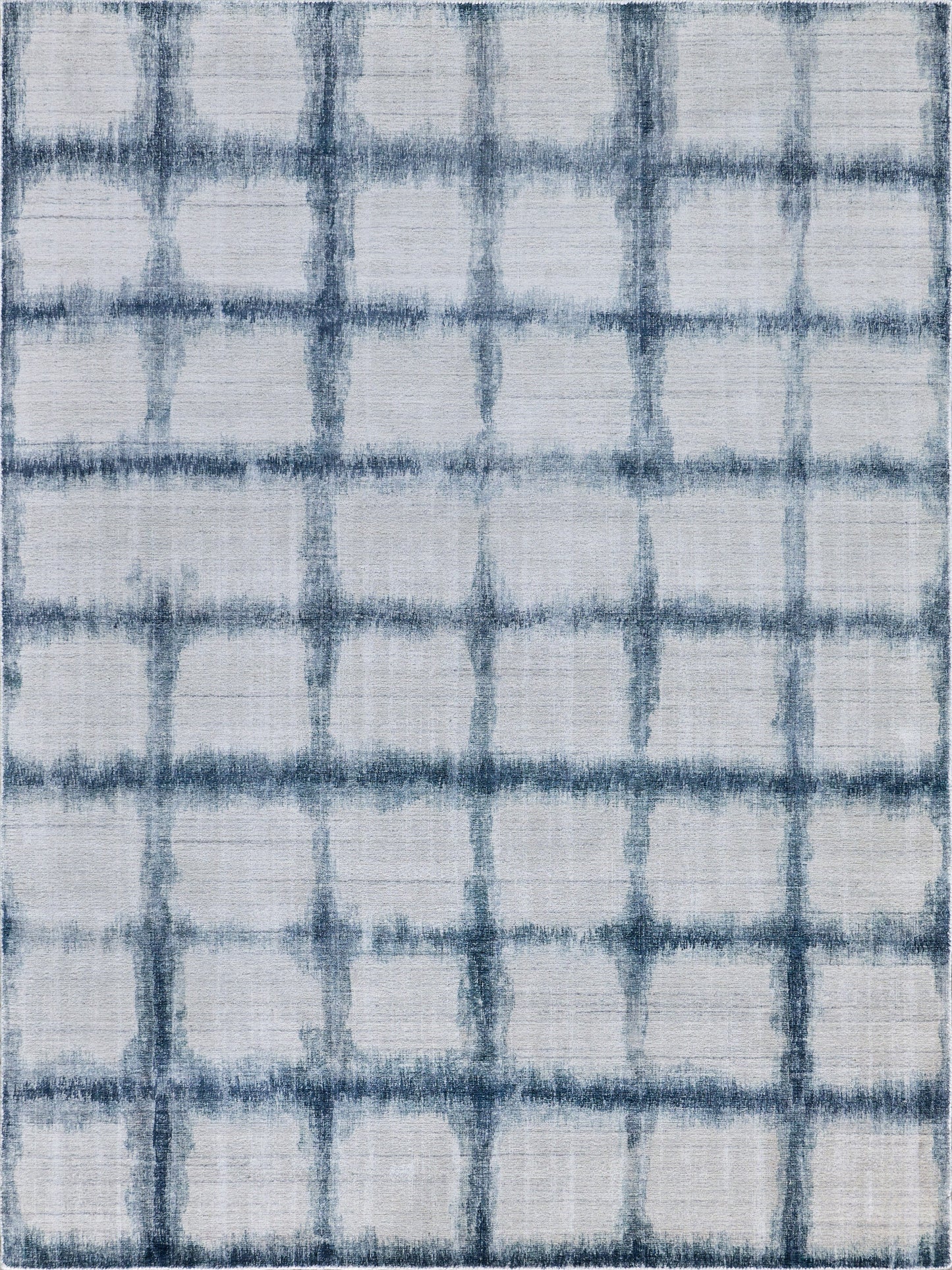 Blue-gray brushed grid plaid rug; hand-loomed indoor textile with a light background, 4' x 6'.