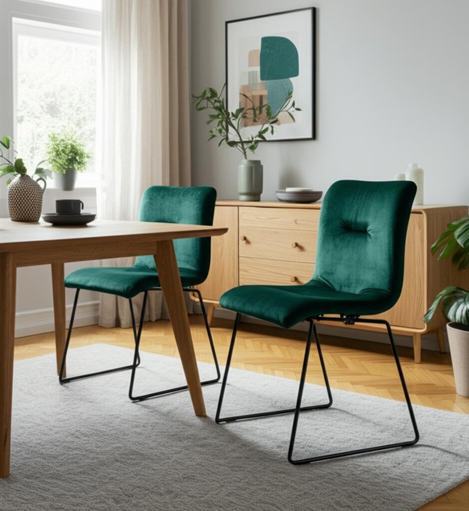 Two green and black upholstered fabric dining side chairs.