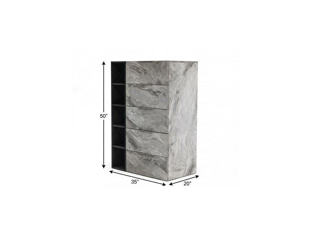 Gray stone-textured tall chest with five stacked drawers.