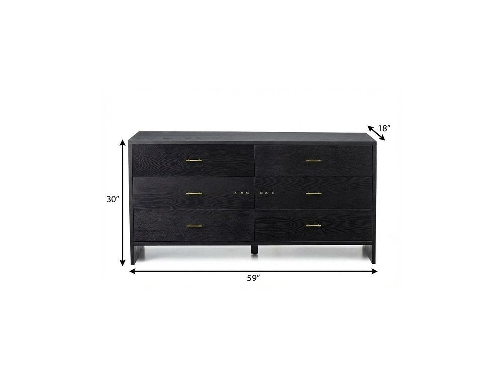 Dark wood six-drawer dresser with brass handles and slim metal legs, 59in wide, 30in high, 18in deep, contemporary style.