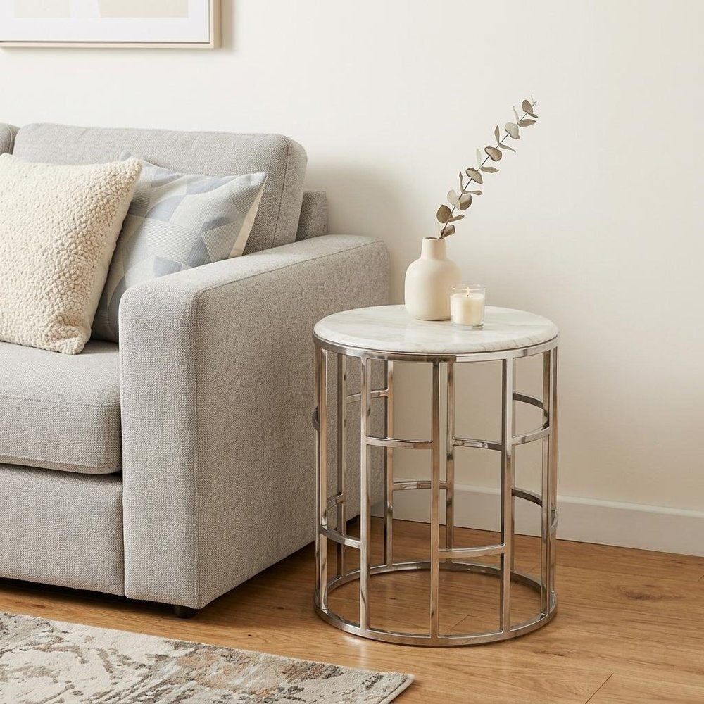 22" White And Silver Faux Marble And Stainless Steel Round Frame End Table