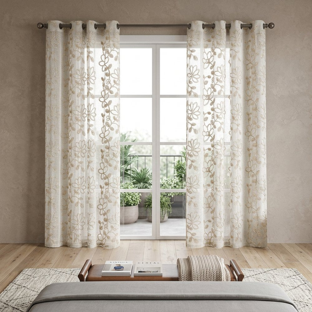 Set of Two 84" Tan Floral Embroidered Window Panels