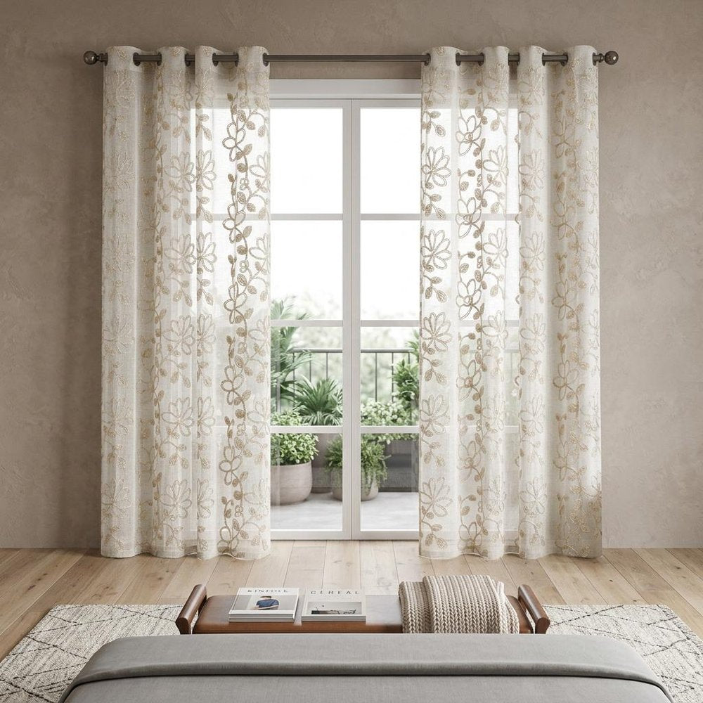Set of Two 84" Tan Floral Embroidered Window Panels