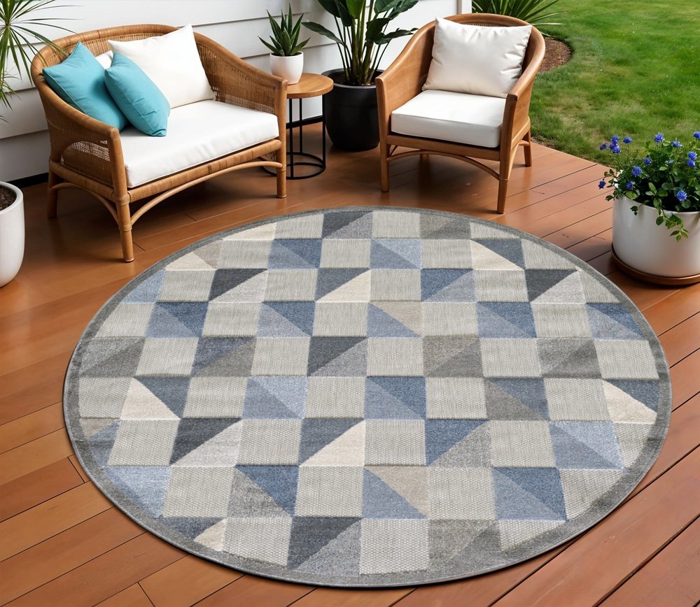 8' Round Blue And Gray Round Geometric Stain Resistant Indoor Outdoor Area Rug