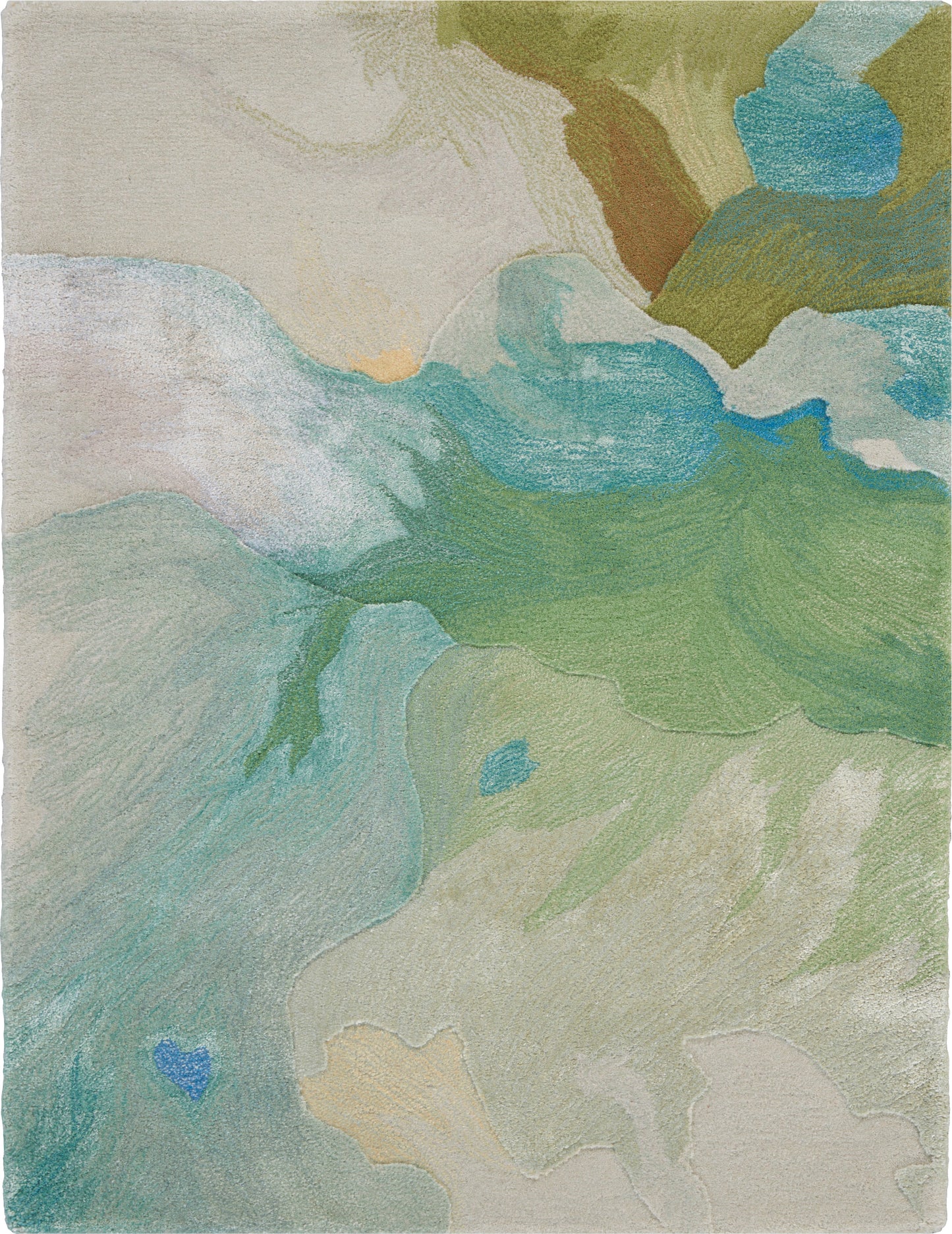 Abstract pastel rug with flowing greens, blues and beiges; impressionist landscape-inspired textile.