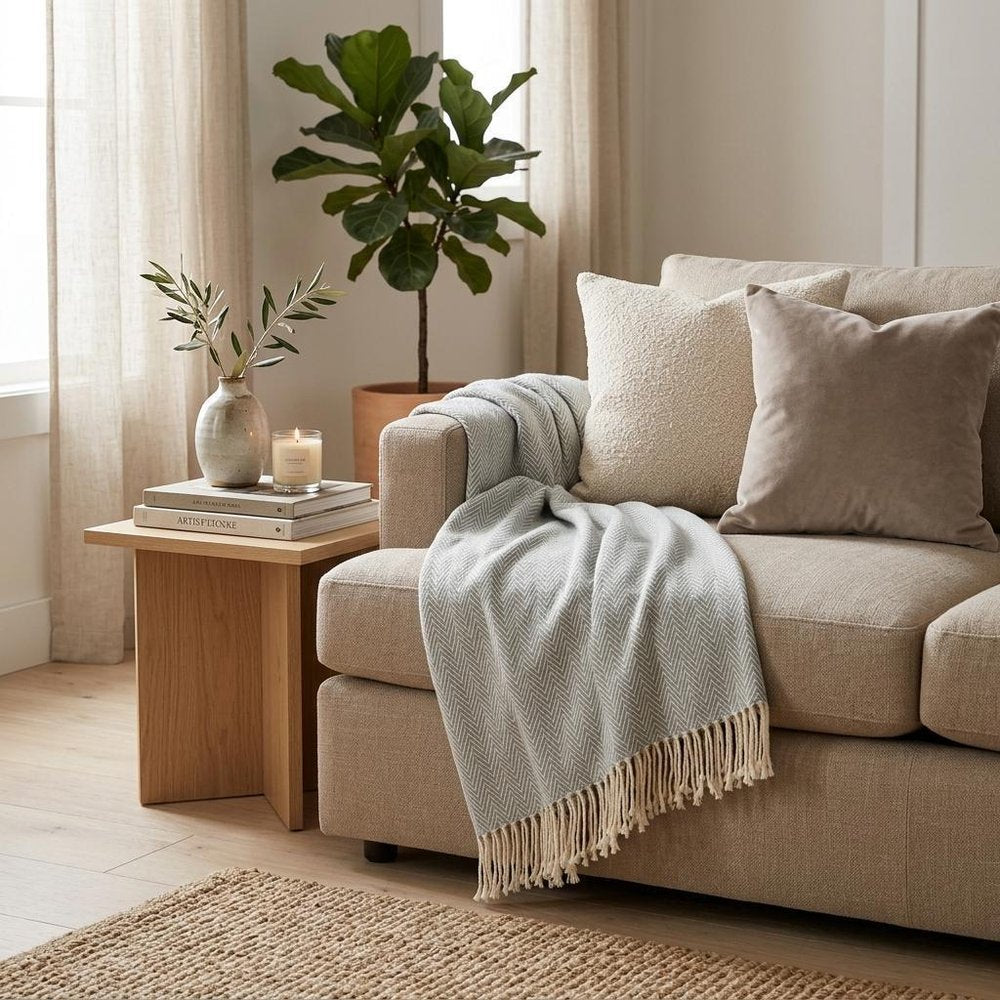 70" X 55" Sky Blue And White Cotton Blend Woven Herringbone Plush Throw Blanket with Tassels