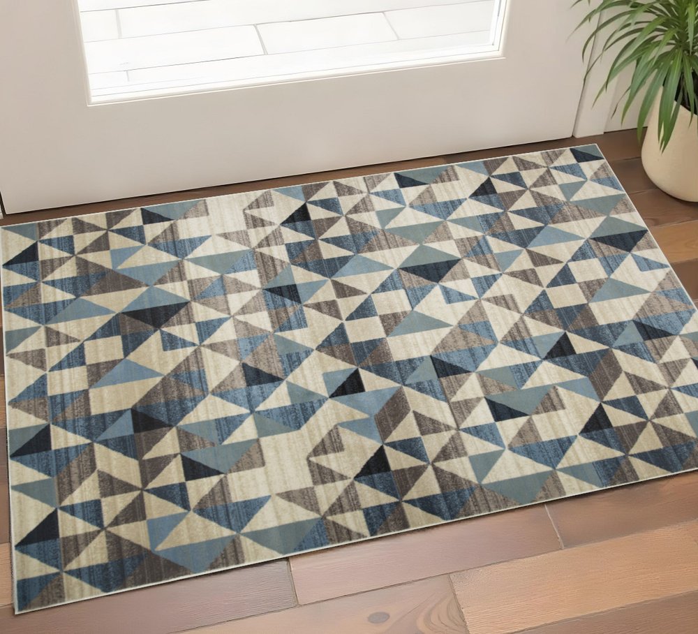 3' X 5' Beige Blue And Gray Geometric Area Rug