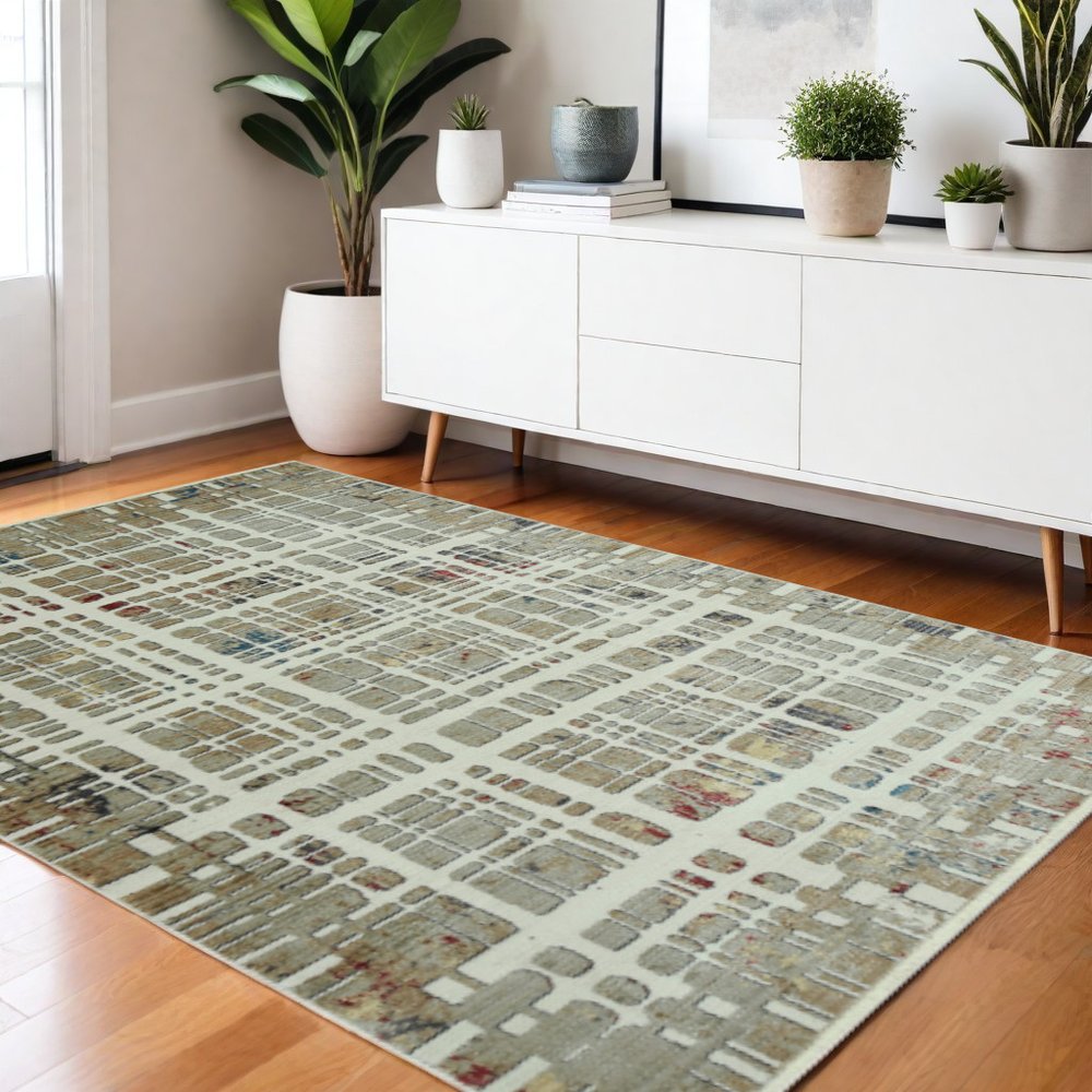 4' X 6' Ivory Red And Blue Abstract Area Rug