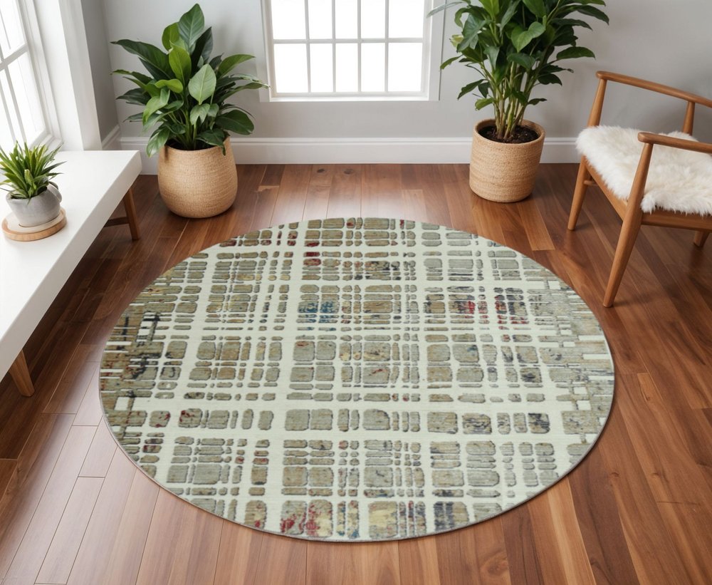 8' Ivory Red And Blue Abstract Round Rug
