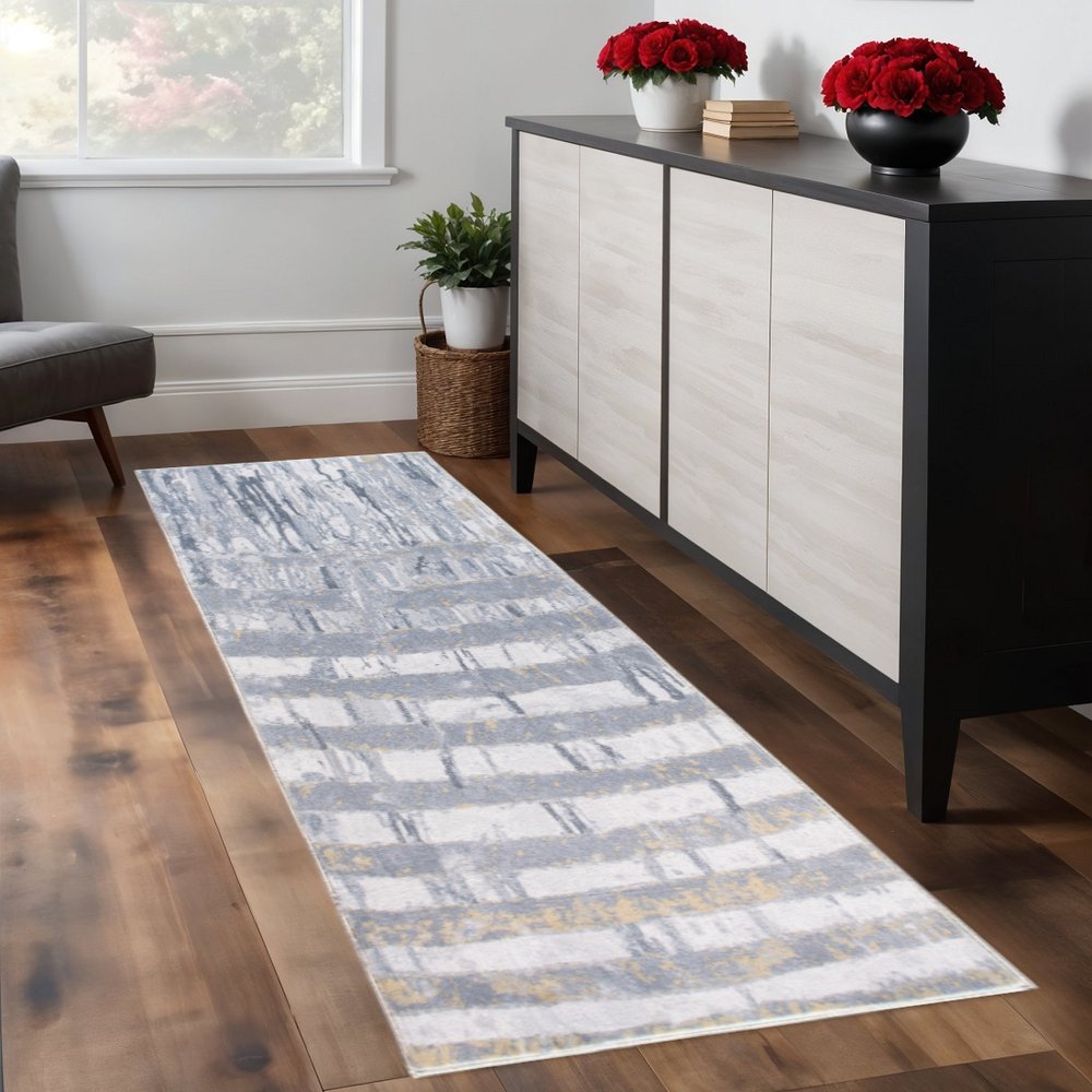 8' Gray And Ivory Abstract Runner Rug
