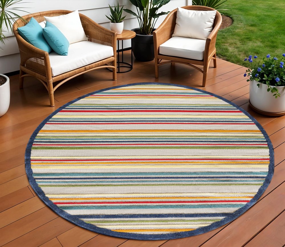 8' Round Ivory And Blue Round Striped Stain Resistant Indoor Outdoor Area Rug