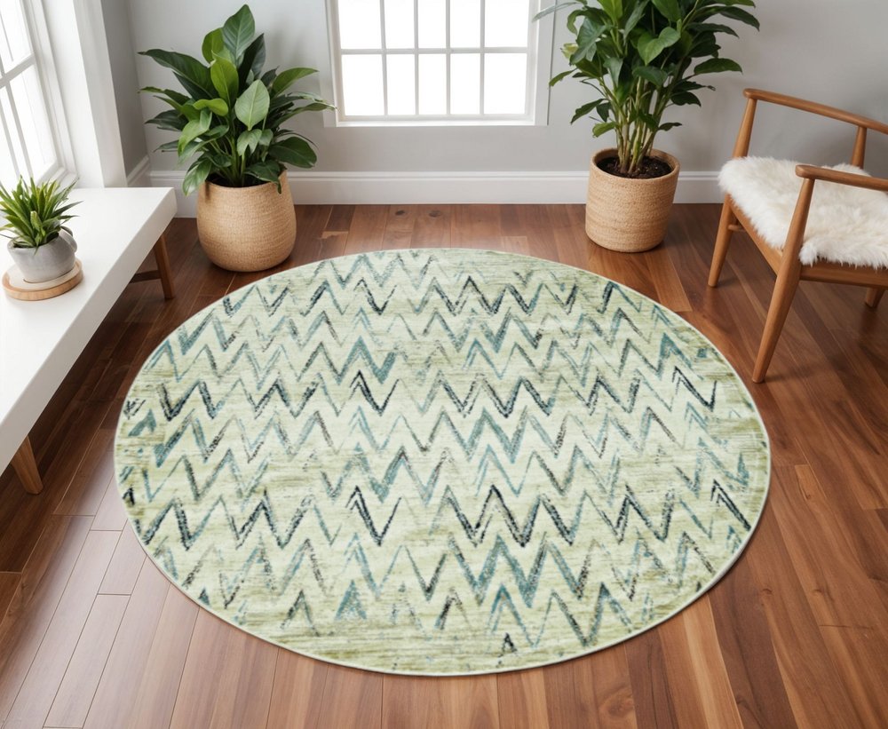 8' Ivory And Blue Chevron Round Rug