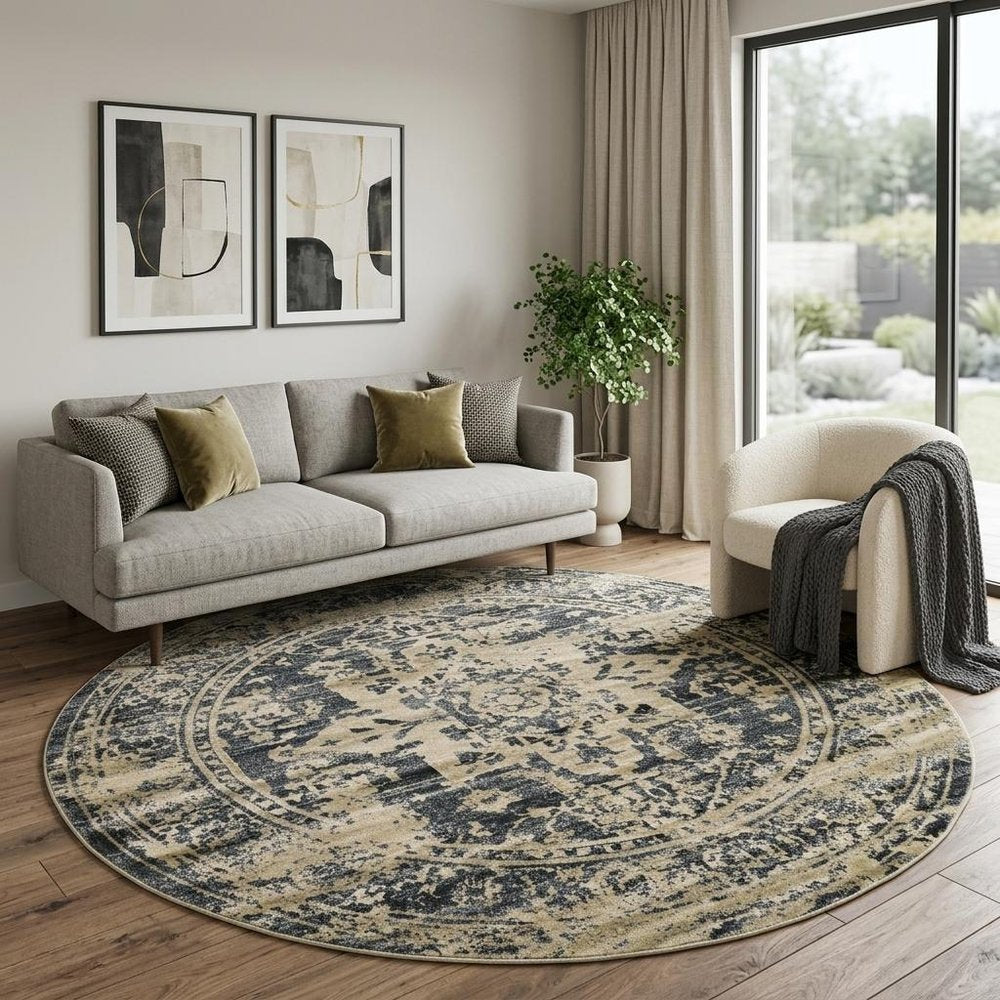 8' Ivory And Blue Oriental Distressed Round Rug