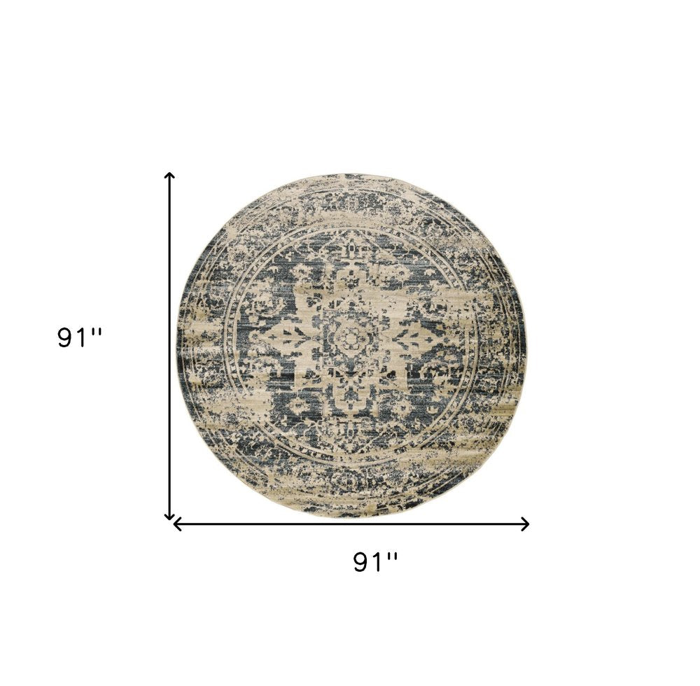 8' Ivory And Blue Oriental Distressed Round Rug