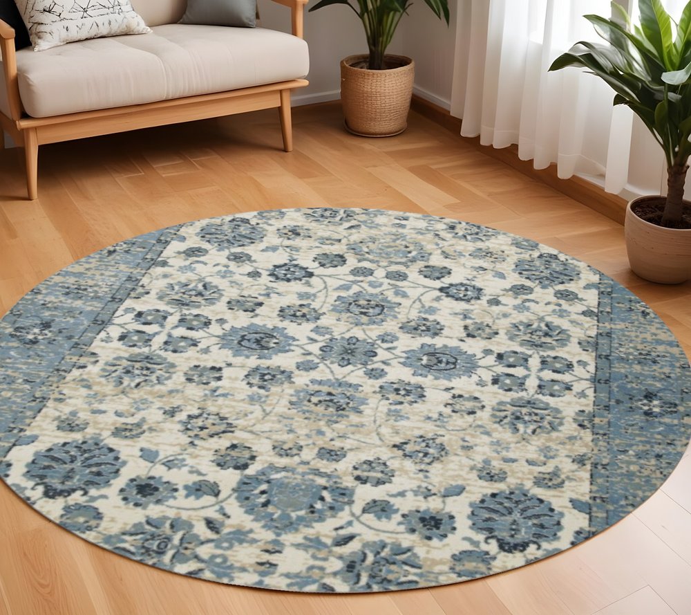 8' Ivory And Sky Blue Oriental Round Rug