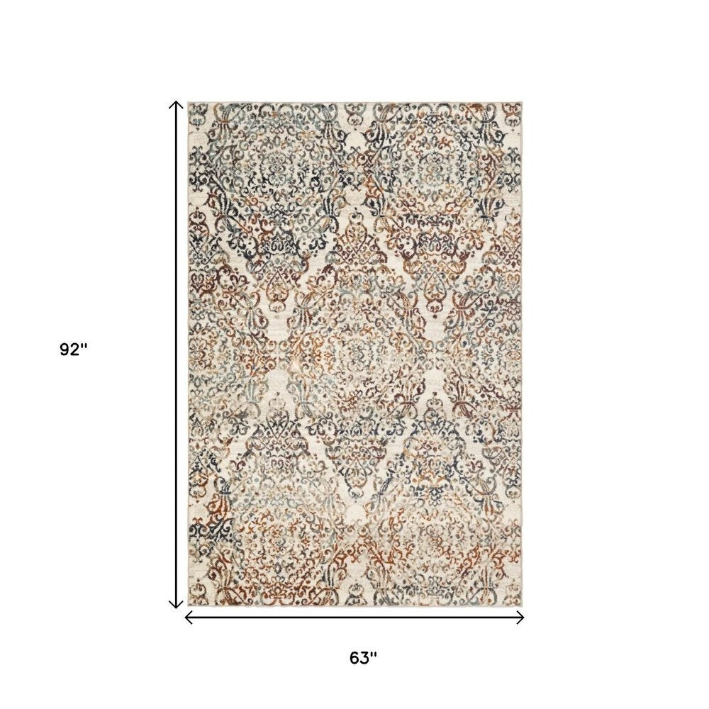 5' X 8' Ivory Rust And Green Oriental Area Rug
