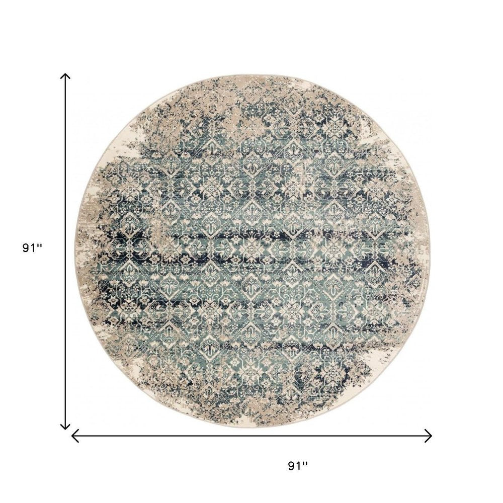 8' Ivory and Blue Round Oriental Area Rug