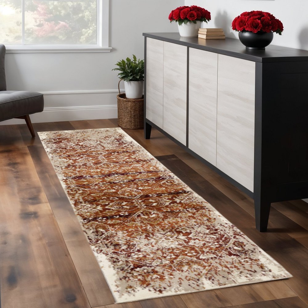 8' Rust And Ivory Oriental Runner Rug