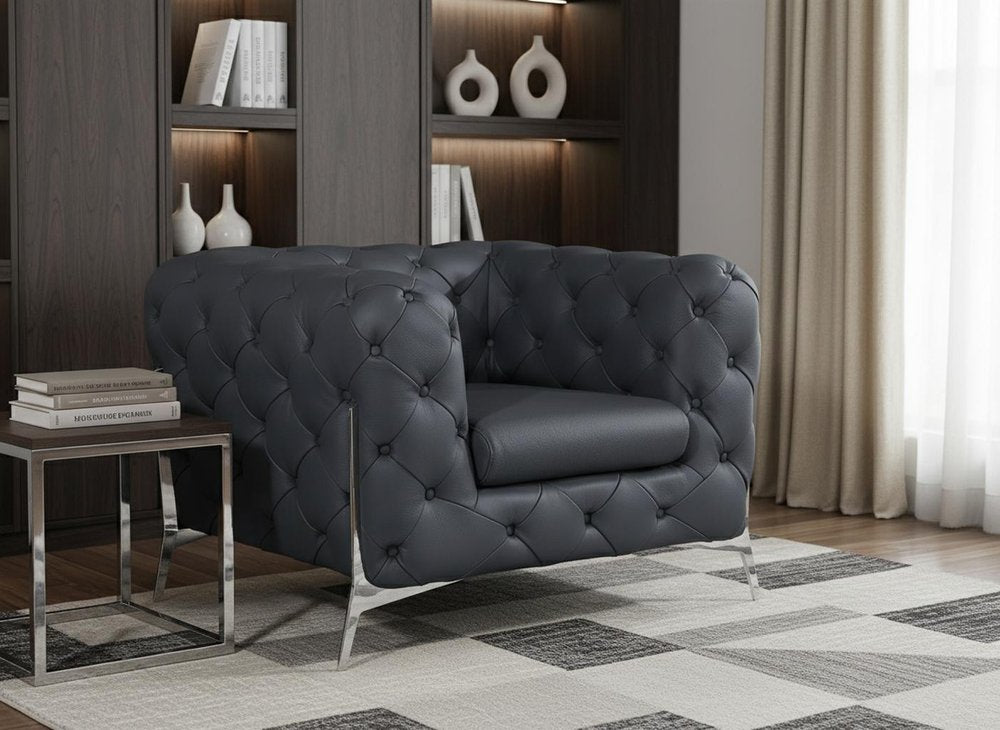 45" Dark Slate Gray And White Italian Leather Arm Chair