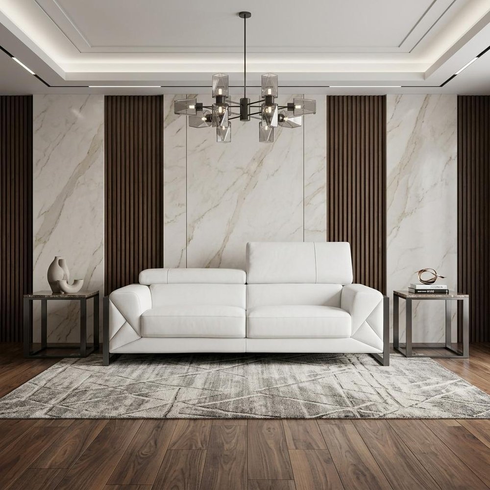 89" White Italian Leather Sofa With Chrome Legs