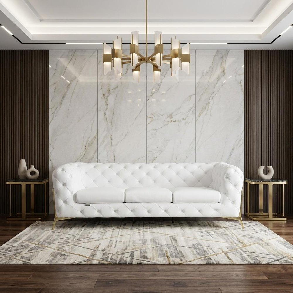 93" White Italian Leather Chesterfield Sofa With Silver Legs
