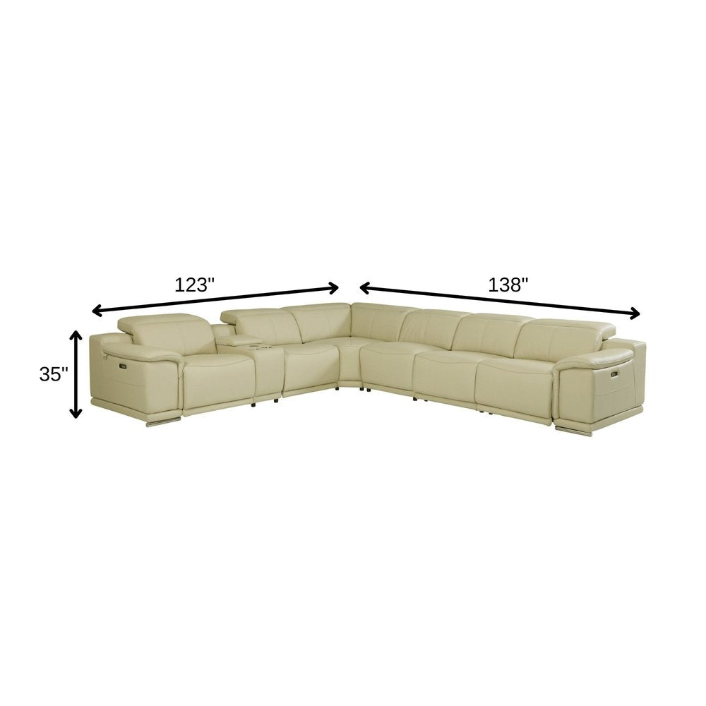 Beige Italian Leather Power Reclining U Shaped Seven Piece Corner Sectional With Console