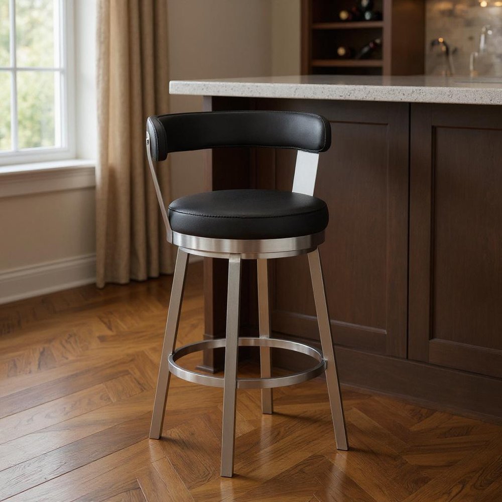 30" Black And Silver Iron Swivel Backless Bar Height Bar Chair