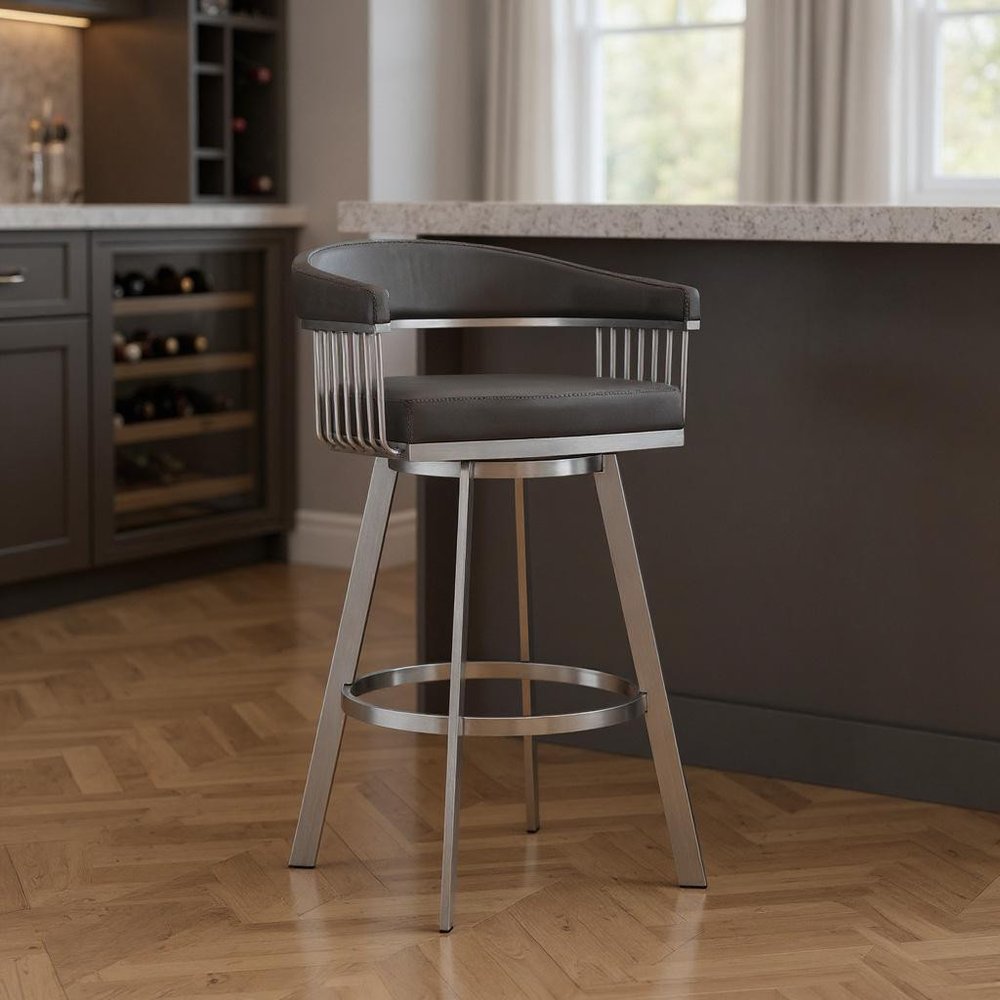 29" Gray And Silver Iron Swivel Backless Bar Height Bar Chair