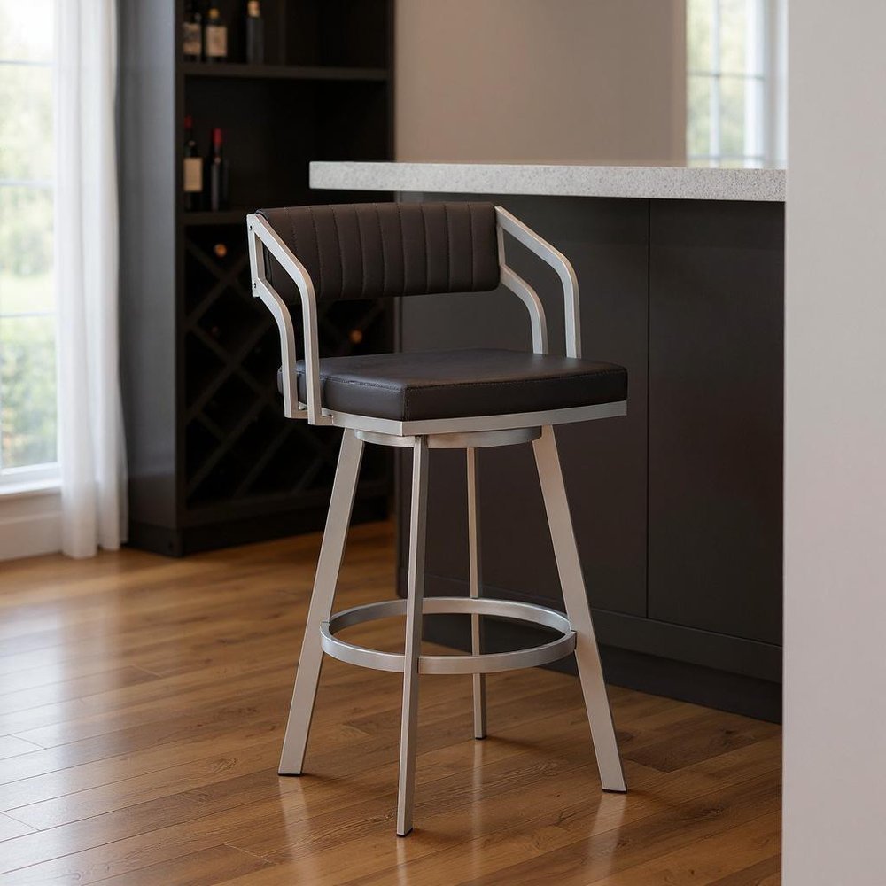 30" Slate Gray And Silver Iron Swivel Low Back Bar Height Bar Chair