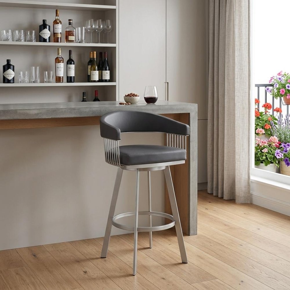 29" Slate Gray And Silver Fabric And Iron Low Back Bar Height Swivel Bar Chair