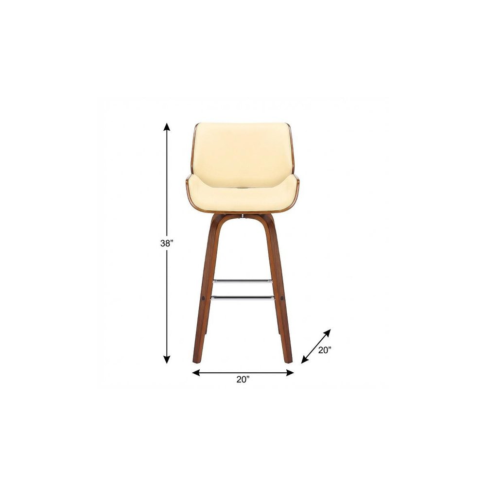 26" Cream And Brown Faux Leather And Fabric And Solid Wood Counter Height Swivel Bar Chair
