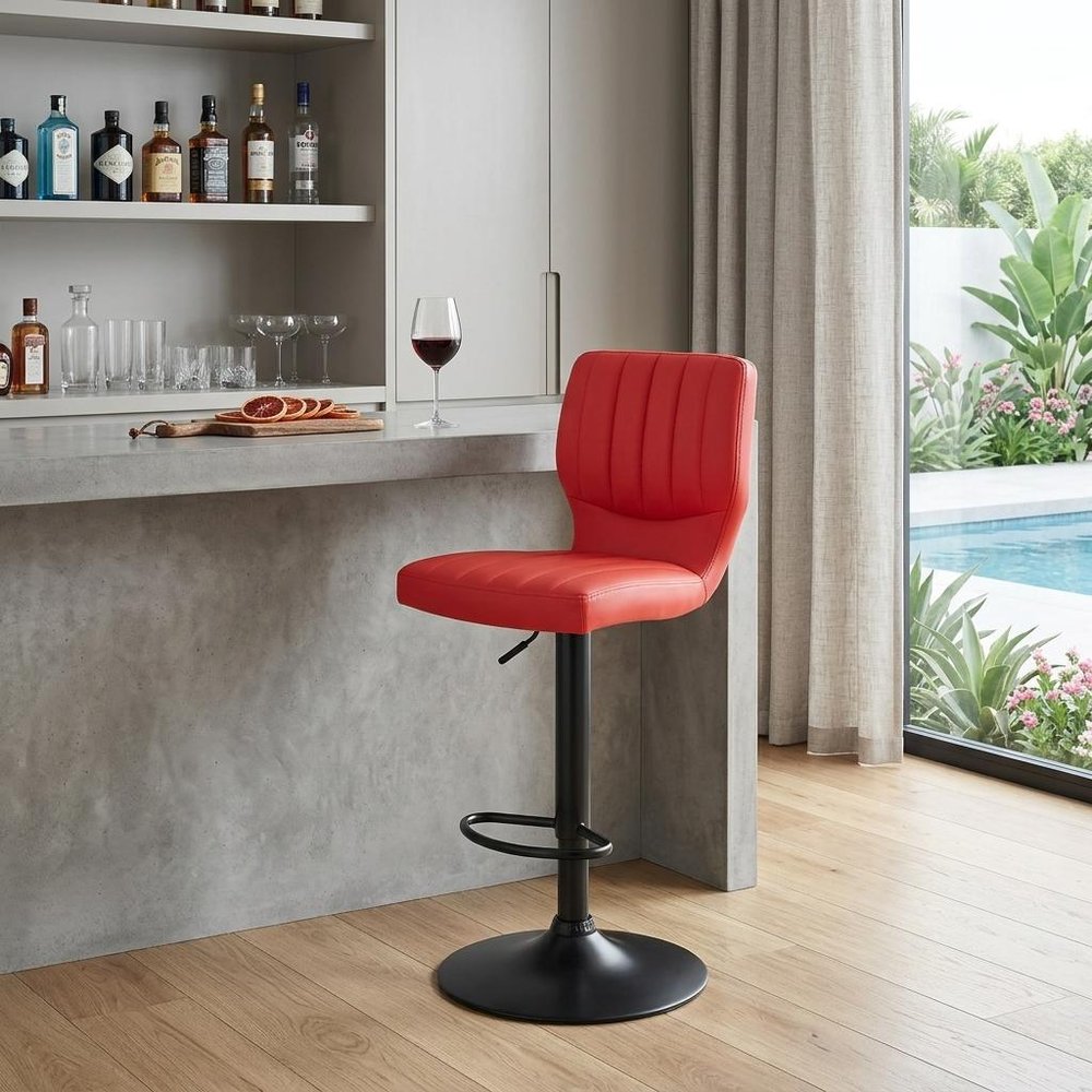 Red and Black Faux Leather And Iron Adjustable Height Swivel Bar Chair