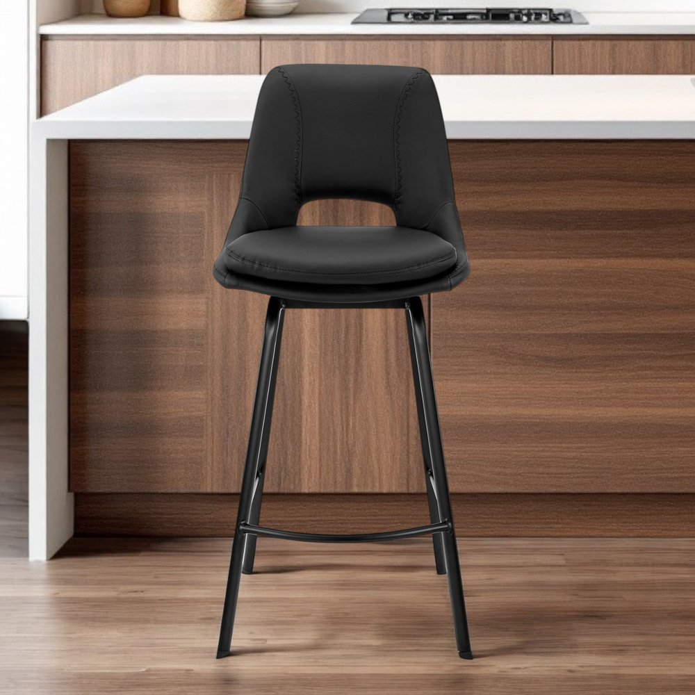 30" Black Faux Leather and Iron Bar Height Swivel Bar Chair
