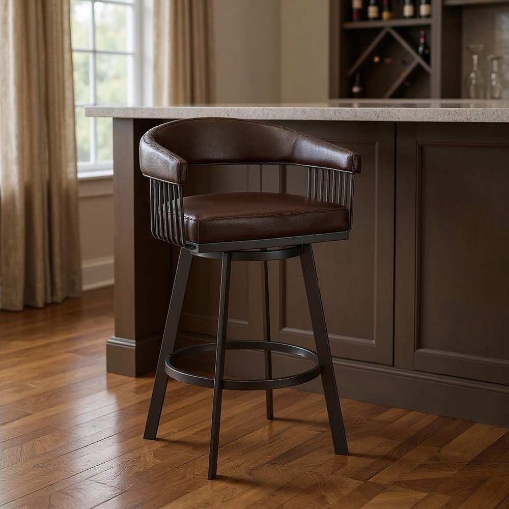 29" Chocolate And Gray Iron Swivel Low Back Bar Height Bar Chair