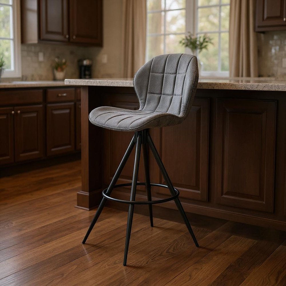 30" Charcoal And Black Fabric Microfiber And Microsuede And Iron Bar Height Bar Chair