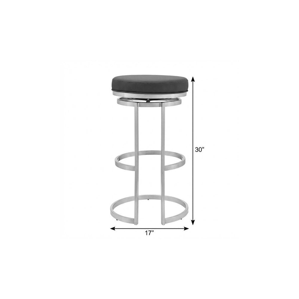 30" Gray And Silver Faux Leather And Fabric And Iron Backless Bar Height Swivel Bar Chair