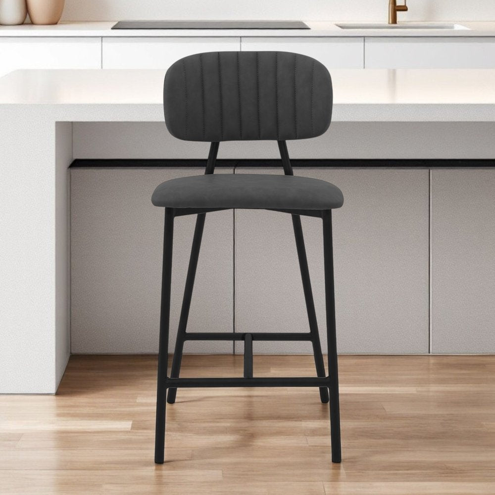 26" Gray and Black Faux Leather and Iron Low Back Counter Height Bar Chair